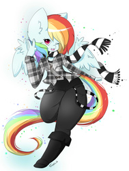 Size: 2047x2711 | Tagged: safe, artist:teranen, rainbow dash, anthro, g4, clothes, colored pupils, female, high res, jacket, pants, scarf, shirt, shoes, solo