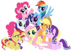Size: 1028x752 | Tagged: safe, artist:margaretlovez, applejack, fluttershy, pinkie pie, rainbow dash, rarity, starlight glimmer, sunset shimmer, twilight sparkle, earth pony, pegasus, pony, unicorn, g4, ^^, backwards cutie mark, base used, discussion in the comments, eyes closed, female, mane six, mane six opening poses, mare, simple background, sunset vs starlight debate, transparent background, unicorn twilight