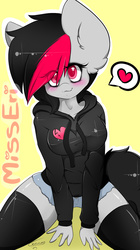 Size: 1603x2863 | Tagged: safe, artist:teranen, oc, oc only, oc:miss eri, earth pony, anthro, black and red mane, blushing, clothes, colored pupils, eye clipping through hair, heart, hoodie, pictogram, solo, two toned mane