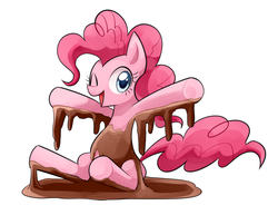 Size: 1682x1300 | Tagged: safe, artist:ryuu, pinkie pie, g4, chocolate, cute, diapinkes, female, food, looking at you, melted, solo