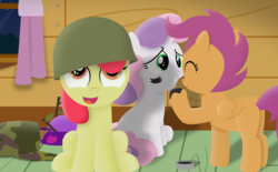 Size: 3000x1860 | Tagged: dead source, safe, artist:mahaugher, apple bloom, scootaloo, sweetie belle, pegasus, pony, unicorn, g4, butt, camouflage, cutie mark crusaders, face paint, female, filly, foal, helmet, plot, sitting, war paint