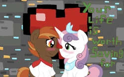 Size: 1280x800 | Tagged: safe, artist:mlparistisccsketch, button mash, sweetie belle, g4, blushing, colt, duo, female, filly, foal, heart, hearts and hooves day, male, minecraft, ship:sweetiemash, shipping, straight, valentine's day