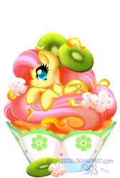 Size: 470x700 | Tagged: safe, artist:bamboodog, part of a set, fluttershy, g4, cupcake, female, food, micro, ponies in food, solo, tiny, watermark