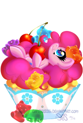 Size: 470x700 | Tagged: safe, artist:bamboodog, part of a set, pinkie pie, g4, cupcake, female, food, micro, ponies in food, solo, tiny, watermark