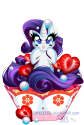Size: 470x700 | Tagged: safe, artist:bamboodog, part of a set, rarity, g4, cupcake, female, food, micro, ponies in food, solo, tiny, watermark