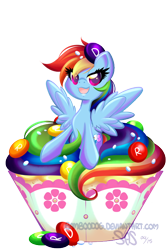 Size: 470x700 | Tagged: safe, artist:bamboodog, part of a set, rainbow dash, pegasus, pony, g4, cupcake, female, food, micro, ponies in food, rainbow cupcake, solo, tiny, watermark