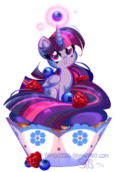 Size: 470x700 | Tagged: safe, artist:bamboodog, part of a set, twilight sparkle, alicorn, pony, g4, cupcake, female, food, mare, micro, ponies in food, solo, tiny, twilight sparkle (alicorn), twiny, watermark