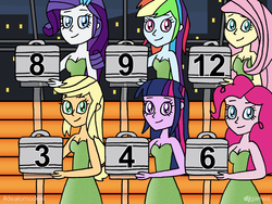 Size: 1600x1200 | Tagged: safe, artist:djgames, applejack, fluttershy, pinkie pie, rainbow dash, rarity, twilight sparkle, equestria girls, g4, beautiful, clothes, deal or no deal, dress, game show, hatless, mane six, missing accessory