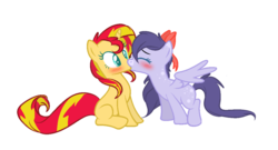 Size: 1024x554 | Tagged: safe, artist:xxxsummersunsetxxx, sunset shimmer, oc, oc:violet, pony, unicorn, g4, blushing, canon x oc, female, kissing, lesbian, shipping