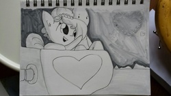 Size: 1280x720 | Tagged: safe, artist:tjpones, oc, oc only, oc:brownie bun, oc:richard, earth pony, human, pony, horse wife, blurry, ear fluff, female, ferris wheel, fireworks, grayscale, heart, human male, male, mare, monochrome, traditional art, valentine's day