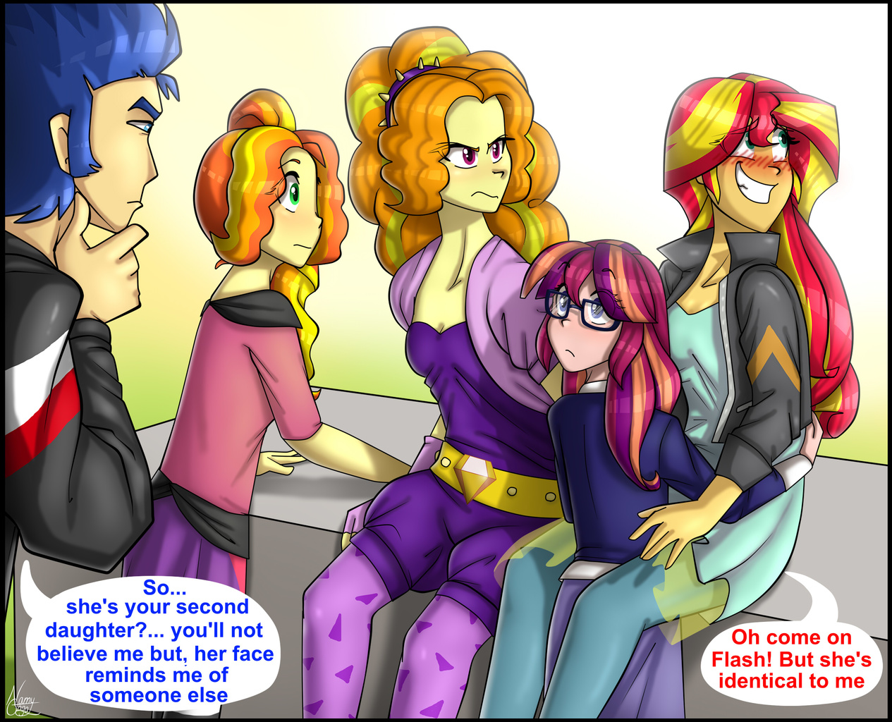 1088959 Safe Artist Namyg Adagio Dazzle Flash Sentry Sunset Shimmer Oc Oc Sunshine Glow