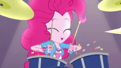 Size: 480x270 | Tagged: safe, screencap, pinkie pie, equestria girls, g4, my little pony equestria girls: rainbow rocks, animated, bracelet, confetti, cute, diapinkes, drum kit, drums, drumsticks, female, jewelry, musical instrument, solo