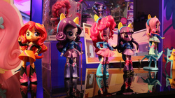 Size: 800x449 | Tagged: safe, fluttershy, pinkie pie, rarity, sunset shimmer, twilight sparkle, equestria girls, g4, clothes, cute, doll, equestria girls minis, female, irl, photo, shimmerbetes, skirt, toy