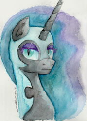 Size: 1024x1430 | Tagged: safe, artist:nokills-clan196, nightmare moon, alicorn, pony, g4, bust, deviantart watermark, female, obtrusive watermark, portrait, solo, traditional art, watercolor painting, watermark