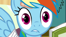 Size: 1280x720 | Tagged: safe, screencap, rainbow dash, pony, g4, read it and weep, female, lip bite, reaction image, solo