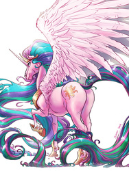 Size: 1050x1400 | Tagged: safe, artist:red-monkey, princess celestia, g4, butt, female, hoers, looking back, pinklestia, plot, raised hoof, realistic, realistic anatomy, realistic horse legs, simple background, solo, spread wings