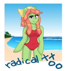 Size: 3354x3599 | Tagged: safe, artist:partypievt, tree hugger, anthro, g4, make new friends but keep discord, arm hooves, bandana, beach, breasts, busty tree hugger, clothes, dreadlocks, female, high res, hippie, looking at you, one-piece swimsuit, photo, polaroid, smiling, solo, swimsuit, xoxo
