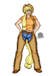 Size: 945x1300 | Tagged: safe, artist:aphexangel, artist:blackmoonrose13, applejack, human, g4, breasts, chaps, clothes, female, freckles, humanized, midriff, solo, t-shirt, tailed humanization, vest