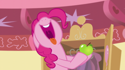 Size: 1280x720 | Tagged: safe, screencap, pinkie pie, g4, the one where pinkie pie knows, apple, female, food, nose in the air, open mouth, solo, volumetric mouth