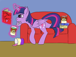 Size: 1400x1050 | Tagged: safe, artist:frecklesfanatic, twilight sparkle, alicorn, pony, g4, couch, female, food, hearts and hooves day, ice cream, magic, mare, reading, solo, twilight sparkle (alicorn)