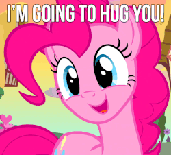 Size: 634x572 | Tagged: safe, edit, screencap, pinkie pie, a friend in deed, g4, animated, bronybait, caption, cute, diapinkes, female, hug, image macro, imma snuggle you, meme, solo, text