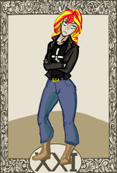 Size: 597x883 | Tagged: safe, artist:magello, sunset shimmer, equestria girls, g4, blue oyster cult, color, female, humanized, solo, tarot card, the world
