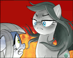 Size: 970x781 | Tagged: safe, artist:anonymous, artist:pencils, cloudy quartz, limestone pie, earth pony, pony, g4, angry, animated, death stare, don't mess with mama, female, fire, lidded eyes, like mother like daughter, like parent like child, looking at each other, mare, mother and daughter, scared