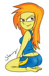 Size: 4740x7254 | Tagged: safe, artist:silverwing, spitfire, human, equestria girls, g4, absurd resolution, ass, barefoot, bedroom eyes, butt, buttcrack, clothes, dimples of venus, feet, female, humanized, kneeling, looking at you, looking back, sexy, shorts, smiling, solo, wonderbolts, workout