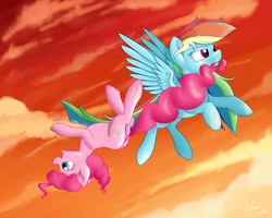 Size: 1024x819 | Tagged: safe, artist:violyre, pinkie pie, rainbow dash, earth pony, pegasus, pony, g4, duo, flying, tail bite, tail pull