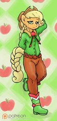 Size: 713x1500 | Tagged: safe, artist:smudge proof, applejack, earth pony, anthro, g4, abstract background, arm behind head, female, patreon, patreon logo, sketch, solo