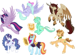 Size: 1042x766 | Tagged: safe, artist:tinuleaf, flitter, lyra heartstrings, sassy saddles, twilight sparkle, oc, oc:amber lace, oc:faunasha, oc:sun seed, alicorn, earth pony, pegasus, pony, unicorn, g4, female, mare, offspring, parent:applejack, parent:caramel, parents:carajack, simple background, transparent background, twilight sparkle (alicorn)