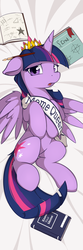 Size: 2952x8858 | Tagged: safe, artist:theparagon, edit, twilight sparkle, alicorn, pony, g4, absurd resolution, body pillow, body pillow design, crown, female, floppy ears, know your meme, looking at you, lying down, mare, meme, new crown, on back, solo, twilight sparkle (alicorn)