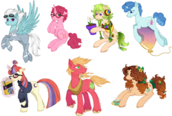 Size: 1086x736 | Tagged: safe, artist:tinuleaf, big macintosh, fleetfoot, moondancer, party favor, oc, oc:aster, oc:brewstar, oc:musical seed, earth pony, pegasus, pony, unicorn, g4, wonderbolts, wonderbolts uniform