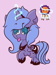 Size: 720x960 | Tagged: safe, artist:hedgehog-plant, princess luna, alicorn, pony, g4, award, female, magic, mare, rearing, s1 luna, simple background, solo, telekinesis, tongue out