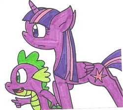 Size: 695x623 | Tagged: safe, artist:cmara, spike, twilight sparkle, alicorn, pony, g4, female, mare, traditional art, twilight sparkle (alicorn)