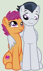 Size: 754x1224 | Tagged: safe, artist:e-m-rainstom, rumble, scootaloo, pegasus, pony, g4, cutie mark, female, hug, looking at each other, looking at someone, male, ship:rumbloo, shipping, simple background, smiling, smiling at each other, straight, the cmc's cutie marks, valentine's day, winghug
