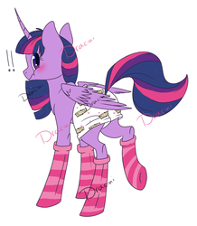 Size: 836x957 | Tagged: safe, artist:dracini, twilight sparkle, alicorn, pony, g4, blushing, boxers, clothes, embarrassed, female, mare, simple background, socks, solo, striped socks, twilight sparkle (alicorn), underwear, watermark, white underwear