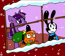Size: 932x805 | Tagged: safe, artist:cmara, twilight sparkle, alicorn, pony, g4, crossover, disney, female, mare, oswald the lucky rabbit, paint tool sai, snow, snowfall, twilight sparkle (alicorn), wander (wander over yonder), wander over yonder