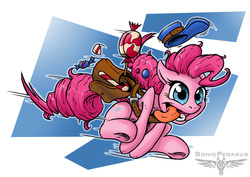 Size: 900x636 | Tagged: safe, artist:sonicpegasus, pinkie pie, g4, behaving like a dog, candy, delivery, female, food, hat, lollipop, solo