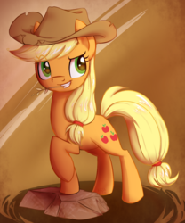 Size: 1000x1200 | Tagged: safe, artist:habijob, applejack, g4, female, raised hoof, smiling, solo, straw in mouth