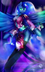 Size: 1200x1920 | Tagged: safe, artist:laptop-pone, artist:monochromacat, princess luna, alicorn, anthro, g4, clothes, collaboration, dress, female, socks, solo, thigh highs