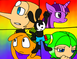 Size: 1120x865 | Tagged: safe, artist:cmara, twilight sparkle, alicorn, gem (race), pony, rabbit, g4, animal, cosmo the seedrian, crossover, disney, female, gem, group, male, mare, oswald the lucky rabbit, paint tool sai, pearl, pearl (steven universe), quintet, seedrian, sonic the hedgehog (series), steven universe, wander (wander over yonder), wander over yonder