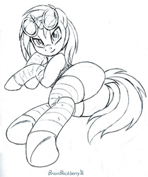Size: 762x912 | Tagged: safe, artist:brianblackberry, dj pon-3, vinyl scratch, pony, unicorn, g4, bedroom eyes, bottomless, butt, clothes, dock, female, horn, large butt, leg warmers, looking at you, looking back, looking back at you, lying down, monochrome, partial nudity, plot, presenting, prone, raised tail, rear view, sketch, socks, solo, striped socks, tail, the ass was fat, thigh highs, underhoof