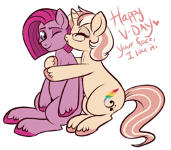 Size: 750x657 | Tagged: safe, artist:lulubell, pinkie pie, oc, oc:lulubell, g4, bubble berry, bubblini davinci berry, canon x oc, cheek kiss, kissing, pinkamena diane pie, rule 63, shipping, simple background, transparent background