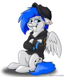 Size: 1585x1876 | Tagged: safe, artist:spainfischer, oc, oc only, oc:sapphire sights, pony, clothes, gauges, hat, hoodie, piercing, solo