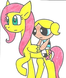 Size: 551x645 | Tagged: safe, artist:cmara, fluttershy, human, pegasus, pony, g4, bubbles (powerpuff girls), colored pencil drawing, crossover, duo, female, humans riding ponies, mare, riding, the powerpuff girls, traditional art
