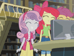 Size: 320x240 | Tagged: safe, artist:toonalexsora007, edit, edited screencap, screencap, apple bloom, scootaloo, sweetie belle, equestria girls, g4, my little pony equestria girls, animated, clothes, cutie mark crusaders, dancing, fade, female, nintendo 64, trio, wwf no mercy