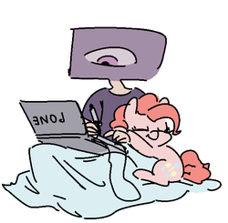 Size: 607x596 | Tagged: safe, artist:nobody, pinkie pie, oc, oc:nobby, human, g4, blanket, computer, cuddling, cute, drawing, drawing tablet, laptop computer, snuggling, stylus