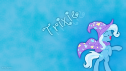 Size: 1366x768 | Tagged: safe, alternate version, artist:kp-shadowsquirrel, edit, trixie, pony, unicorn, g4, eyes closed, female, mare, rearing, solo, wallpaper