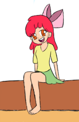 Size: 647x1000 | Tagged: safe, artist:lesbocarwash, apple bloom, human, g4, adorabloom, barefoot, clothes, cute, feet, female, humanized, open mouth, skirt, solo